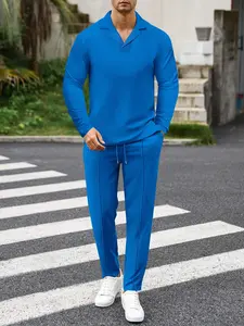 Men's Solid Color Waffle Pattern Lapel Neck Top & Drawstring Waist Pants Two-Piece Set, Regular Fit Casual Comfy Long Sleeve Top & Top-Stitching Pocket Trousers for Spring & Fall, Men's Two-Piece Outfits for Daily Wear, Menswear Clothes