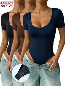 Spring&Summer,Women's Dark Color Slim Full Coverage T-Shirt Shapewear for Everyday Wear, Basic Color Bodysuit Set,Comfortable & Stylish Design,Perfect for Daily Wear,Round Neck Top,Breathable Elastic Underwear, Round Neck Shaper