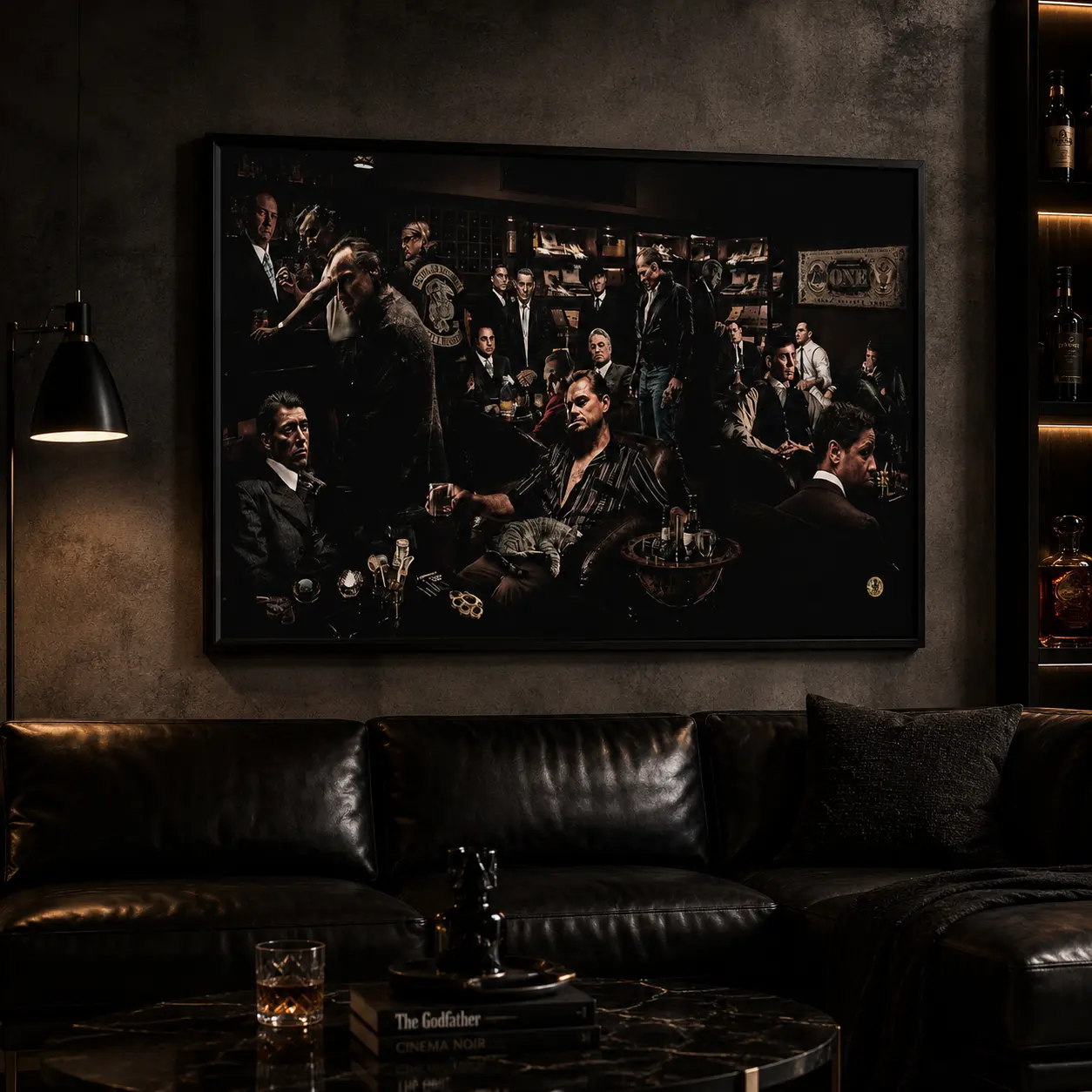 Classic Gangster Movie Characters Collage Canvas Wall Art, Dark Bar Scene Mafia Boss Poster, Vintage Crime Film Star Print, Man Cave Whiskey Lounge Decor, Gangster Movie Fan Framed Wall Hanging Gift