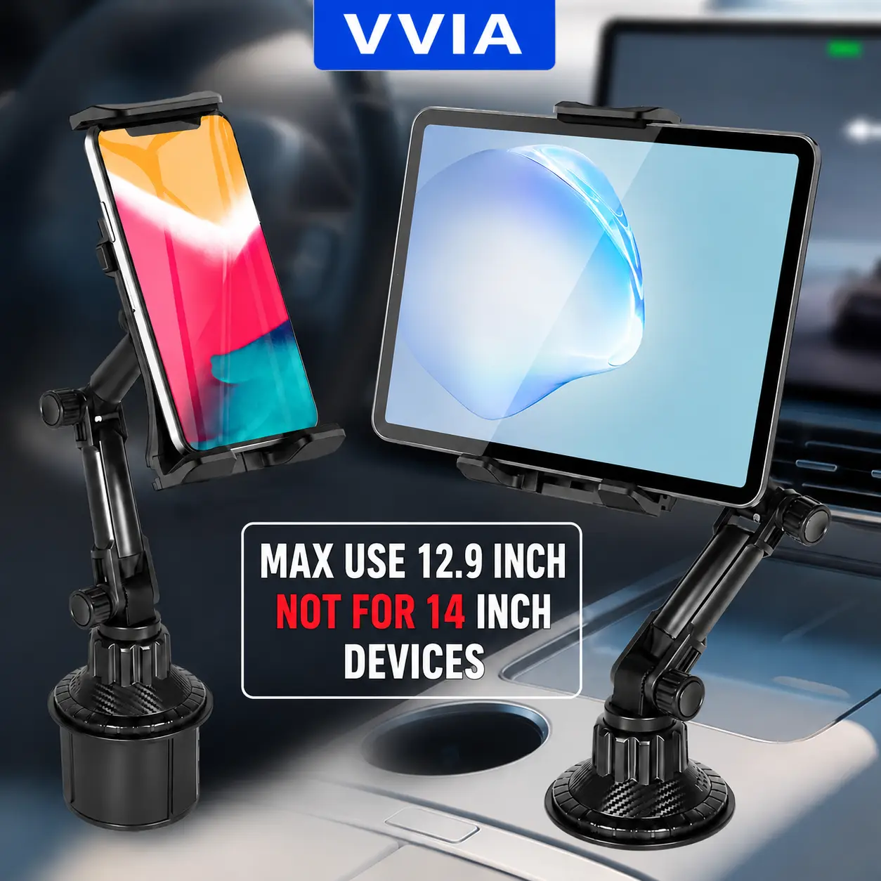 Cup Holder For Tablet Mount & Phone Mount For Car, Adjustable Base For Most 4.7-12.7" Cell Phones And Tablets