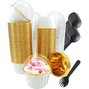 Cupcake Liners with Dome  100Pack,  3.5Oz Mini Foil Baking Cups Muffin Liners, Disposable Ramekins Cupcake Tins Cupcake Wrappers for Wedding Birthday Party, with Spoons-White in