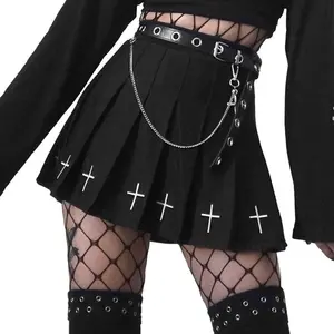 Women High Waist Gothic Punk Mini Skirts, Ladies Cross Pattern Mini Pleated Skirt(Raincoats)
