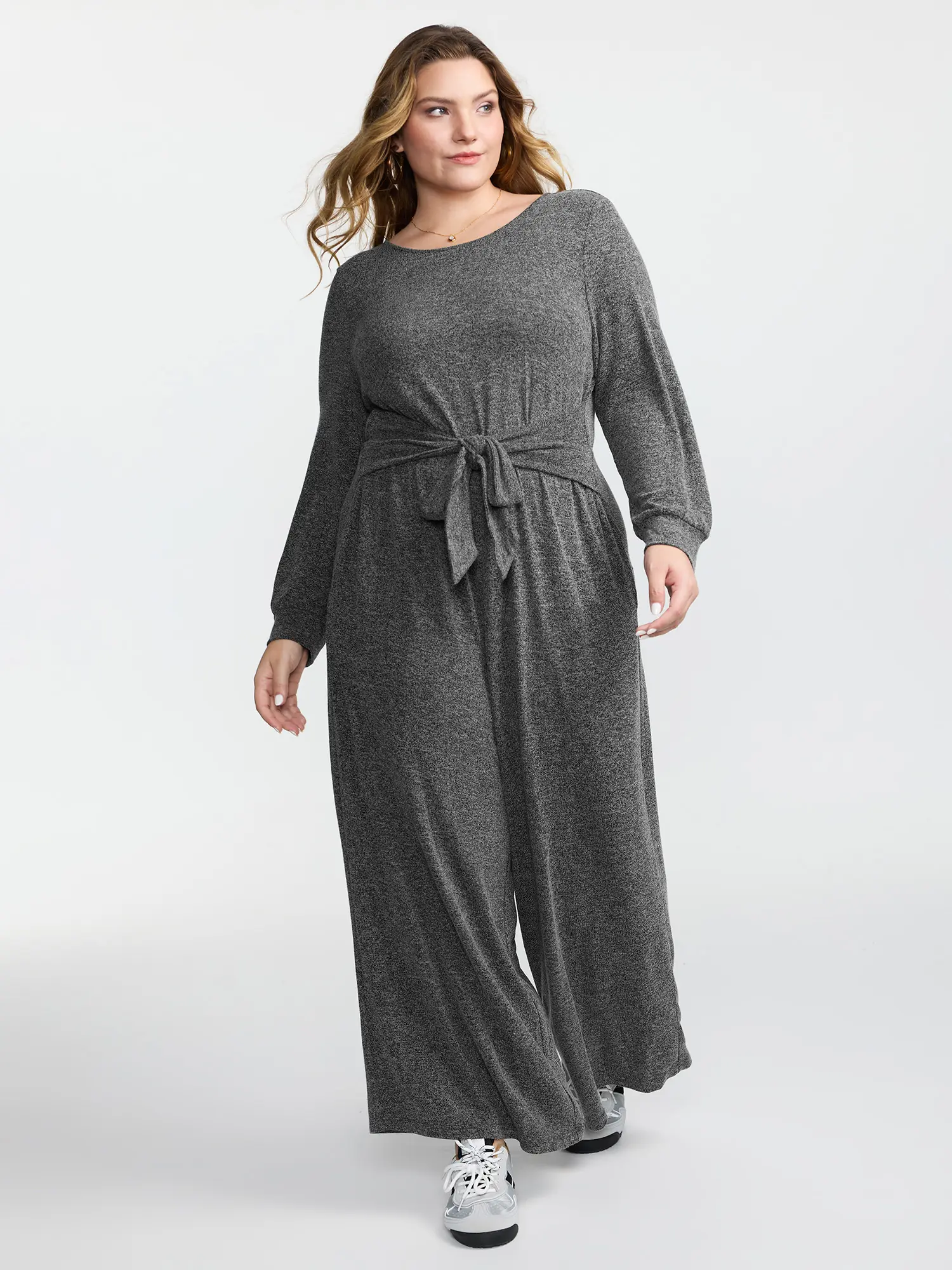 BloomChic Women's Plus Size Long Sleeve Jumpsuit in High-Stretch Heather Fabric, Casual Round Neck with a Cinched Tie-Waist and Pockets, Plussize, Spandex, Overalls, Jumpsuits For Women, Garment