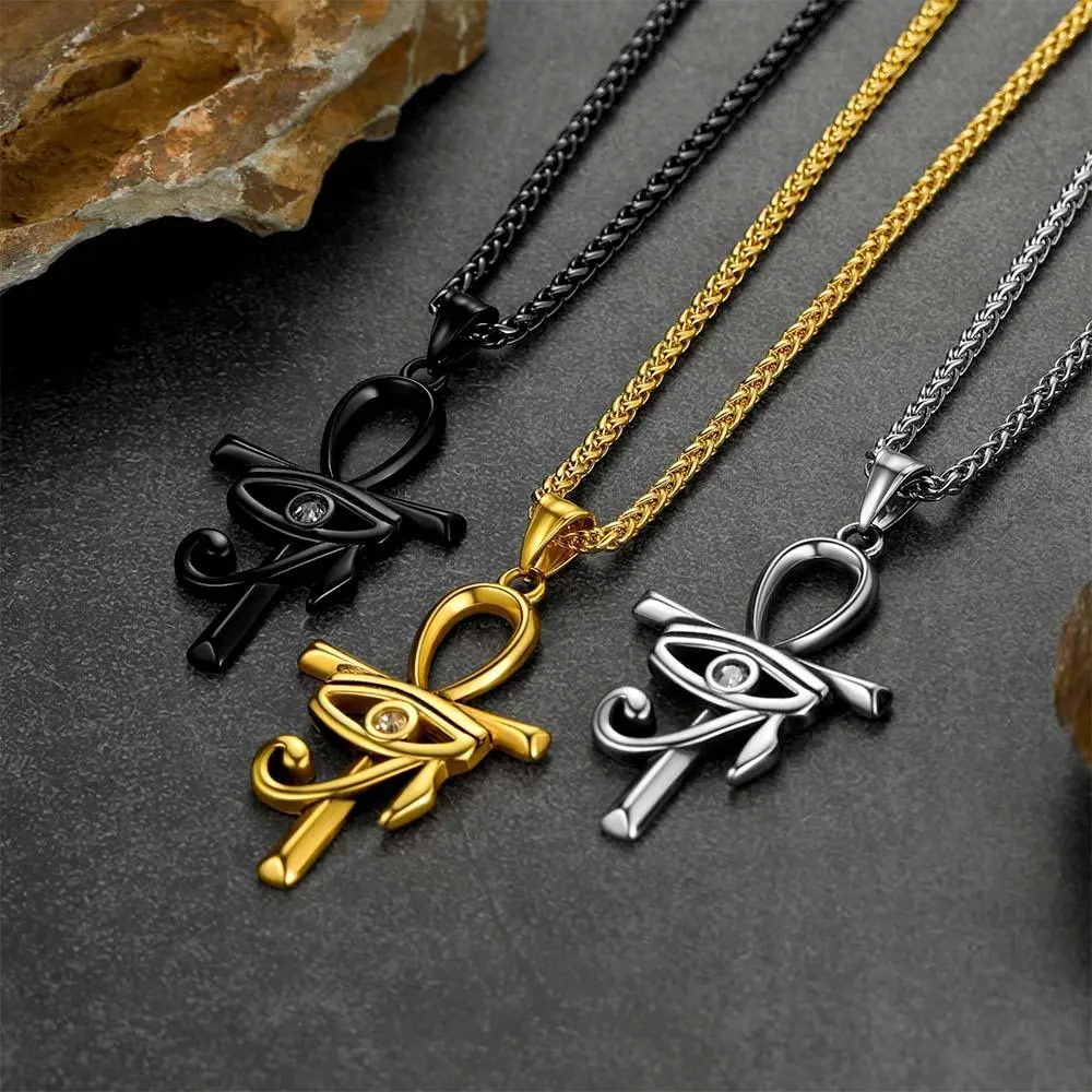 FaithHeart Stainless Steel Egyptian Eye of Horus-Eye of Ra Ankh Cross Pendant Necklace, Available in Black & Golden, Unisex Protection Amulet Jewelry, Stainless Steel Jewelry, Daily Wear, Everlasting Life, Meaningful Gifts, Eye Symbol