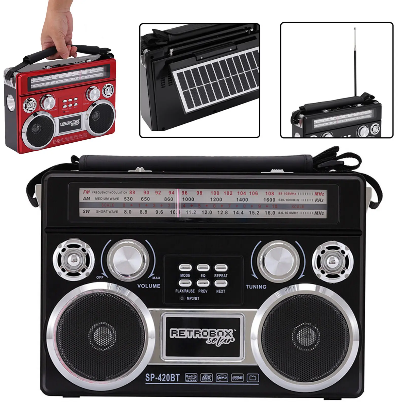 Portable Retro Solar AM/FM Radio Bluetooth MP3 Speaker Rechargeable Boombox AM/FM/SW 3-Band With Flashlight Leather Handle Telescoping Antenna