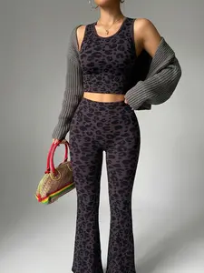 1pcs retro leopard print fitted slim short vest high waist flared pants yoga set
