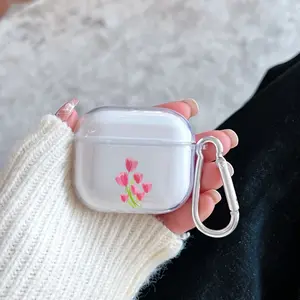 Pink Tulip Delight Pattern TPU Soft Protective Case for Apple AirPods 4/3/2/1/Pro/Pro2 Transparent Earphone Cover with Keychain Attachment