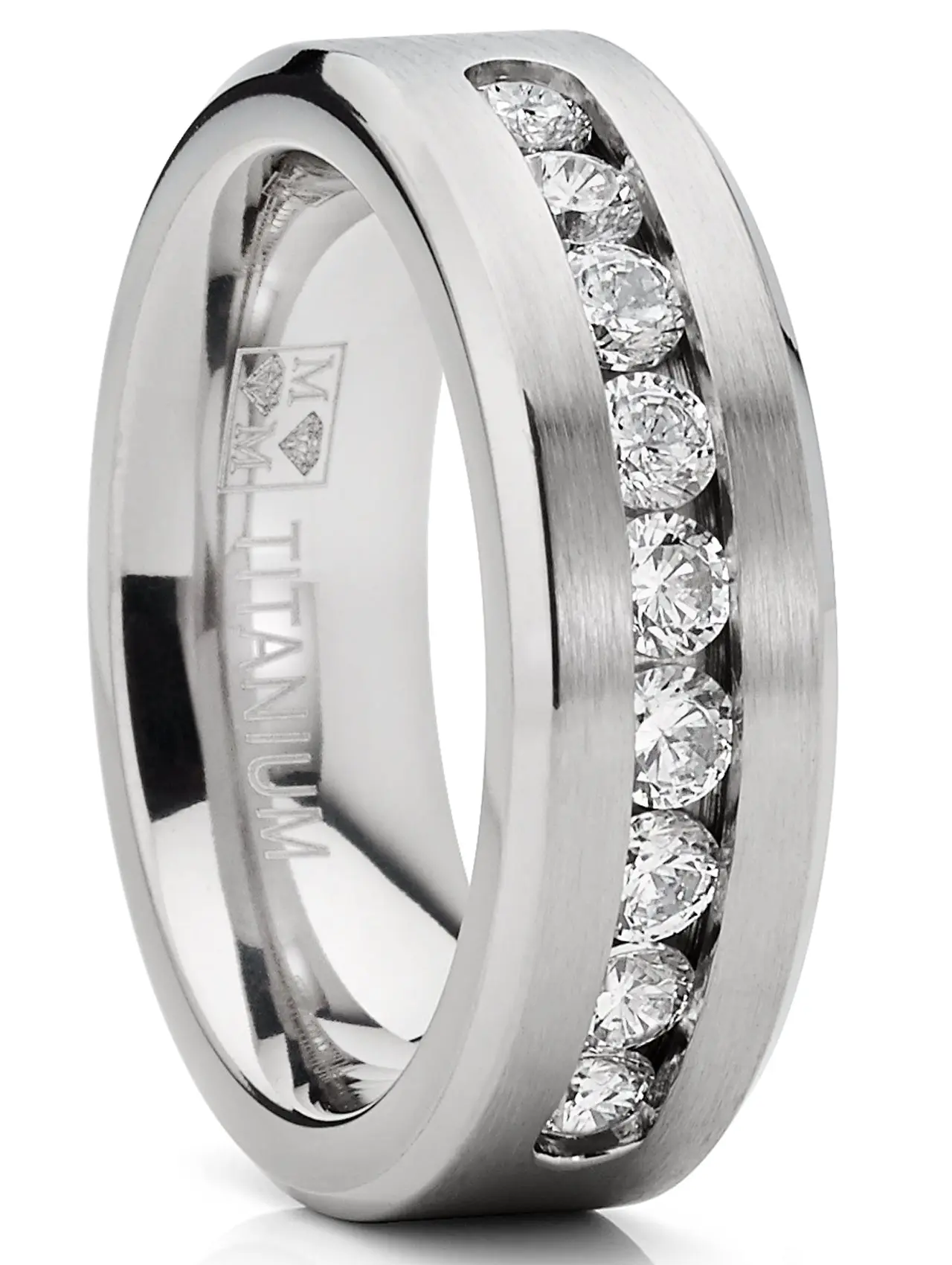 8MM Men's 1Ct. Titanium ring wedding band with 9 large Channel Set Cubic Zirconia CZ sizes 6 to 15