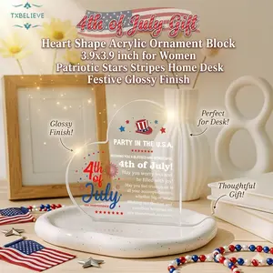 4th of July Gift Heart Shape Acrylic Ornament Block 3.9x3.9 inch for Women Patriotic Stars Stripes Home Desk Festive Glossy Finish