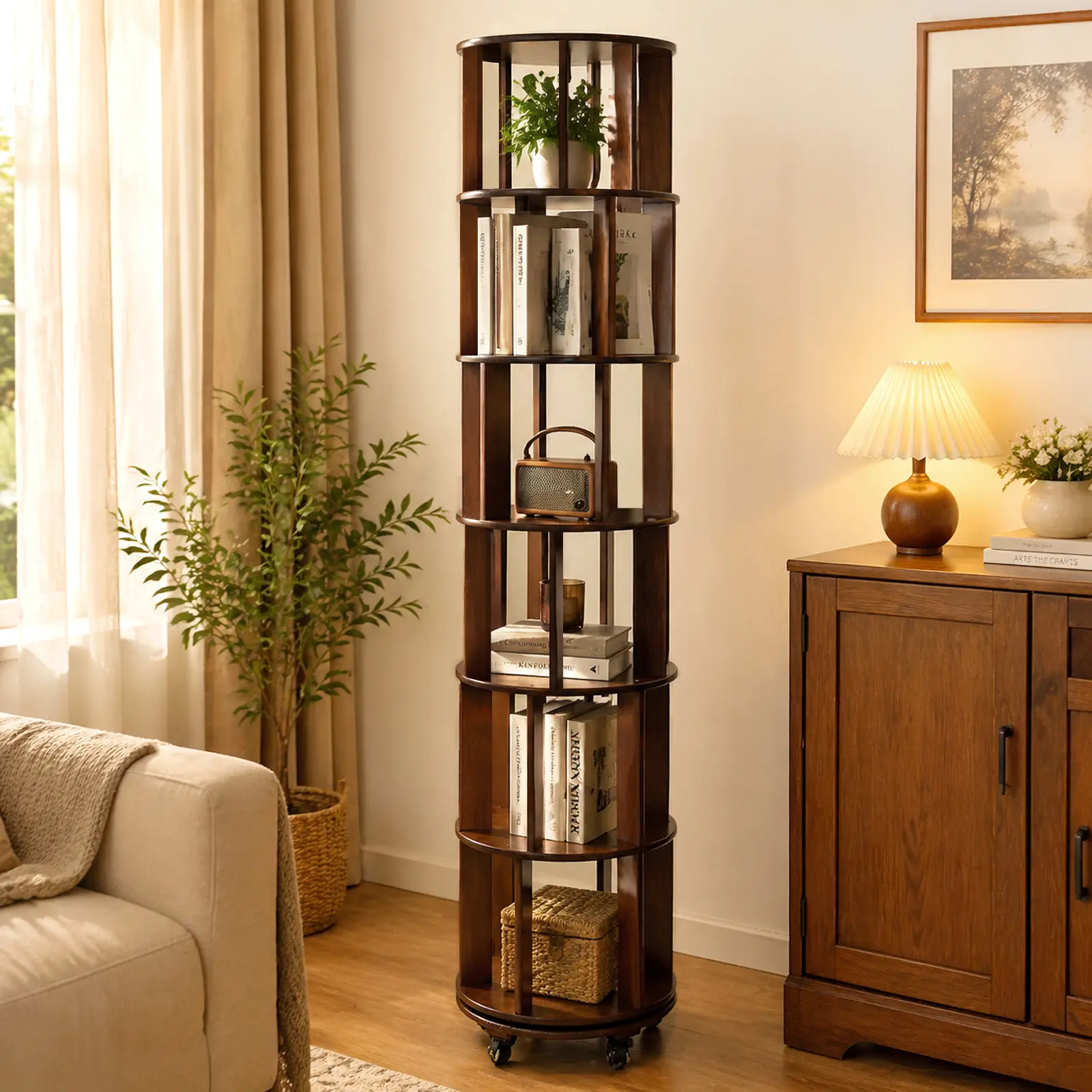 Walnut Finish 6-Tier Solid Wood 360° Rotating Bookshelf Tower with Lockable Wheels, Space-Saving Corner Bookcase for Book Lovers, Small Spaces & Reading Nooks