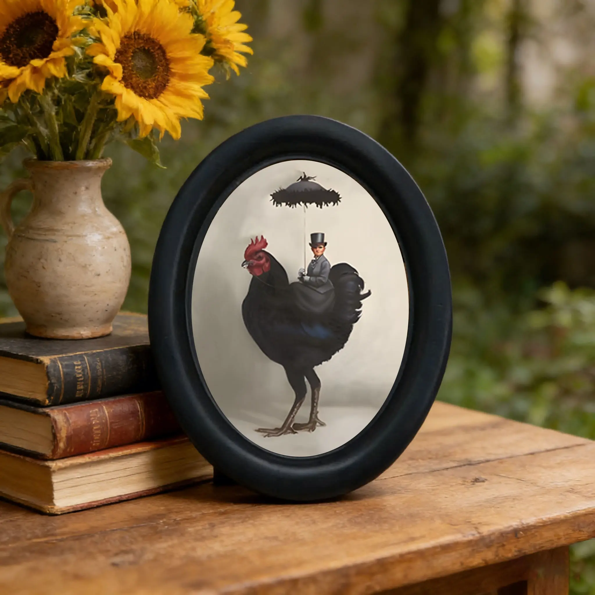 Dark Vintage Rooster Wall Decor with Oval Frame, European Classical Artistic Figurine for Festive Holiday Wall Art, Halloween Christmas Thanksgiving Decor