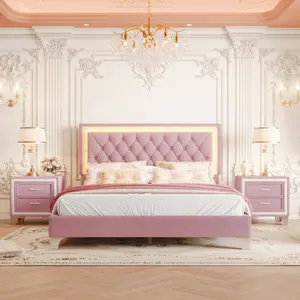3-Piece Queen Size Upholstered Platform Bed Frame with LED Lights and 2 Nightstands - Pink Bedroom Furniture Set