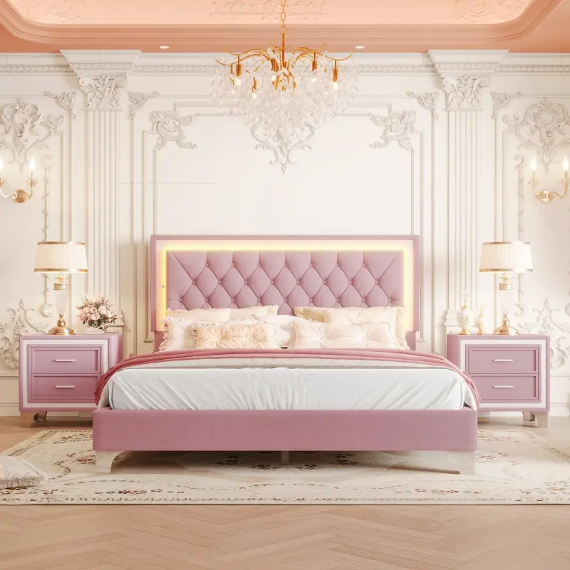 3-Piece Queen Size Upholstered Platform Bed Frame with LED Lights and 2 Nightstands - Pink Bedroom Furniture Set