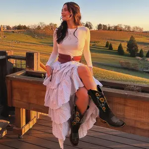 Cowboy Boots for Women- Mid Calf Western Sunflower Cowgirl Boots with Floral Embroidery, Square Toe Stitched Pull On Retro Design, Perfect for Country Idyll, Concerts and More, Brown, Women Shoes