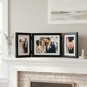 Folding Triple Photo Frame, Black Wood 3 Picture Frame for Wedding/Anniversary/Engagement Gifts, Desktop Collage Frame for Couples & Family Memories