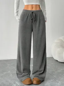 1 piece of women's four-season gray pit stripe Adjustable drawstring elastic waist loose drape wide-leg casual pants, suitable for office, vacation, home, daily wear, festivals, four seasons