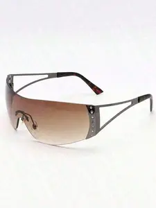 Y2K Shield Sunglasses with Rhinestone Accents Vintage 90s/00s Style Gradient Brown Lens UV400 Protection Retro Tortoiseshell Temples for Summer Beach Vacation frame