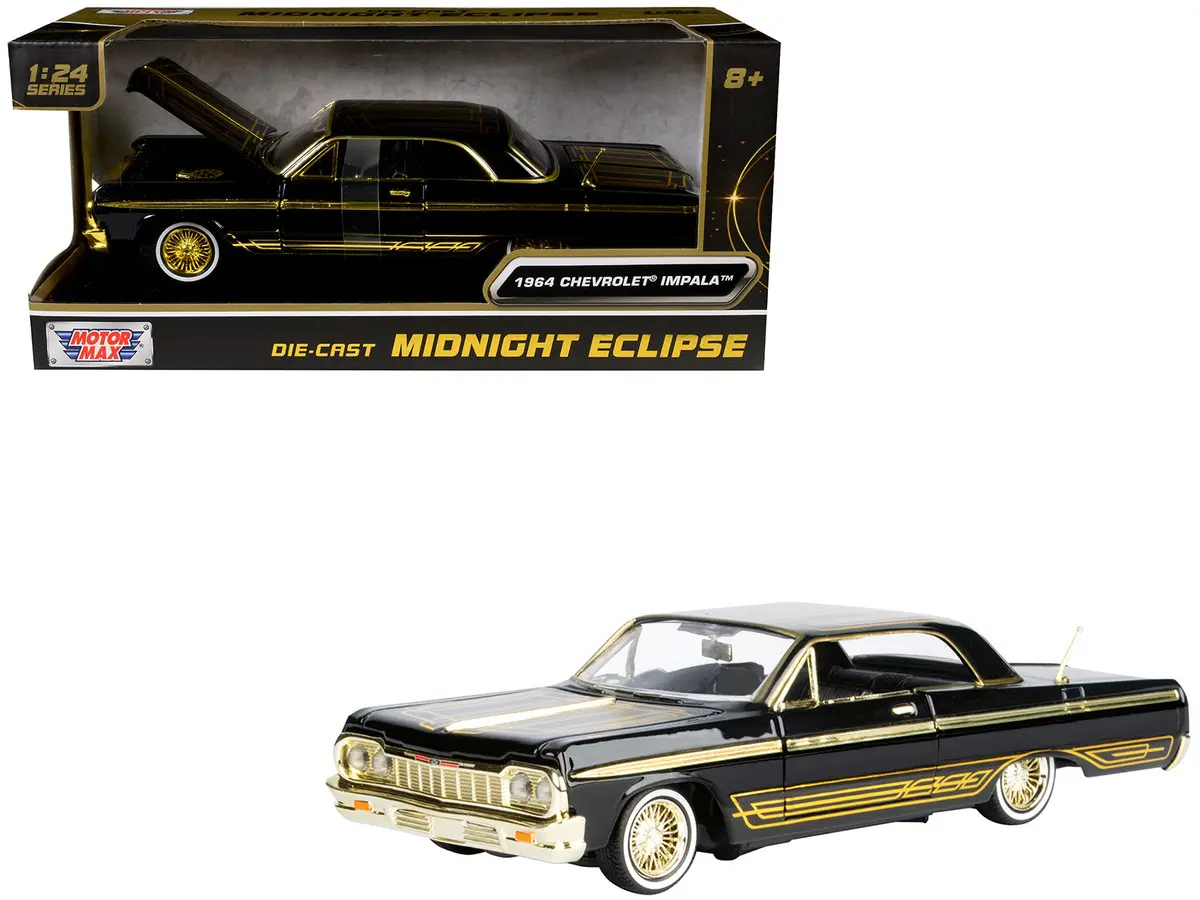 1964 Chevrolet Impala Lowrider Black with Gold Graphics and Wheels 1:24 Diecast Model Car by Motormax