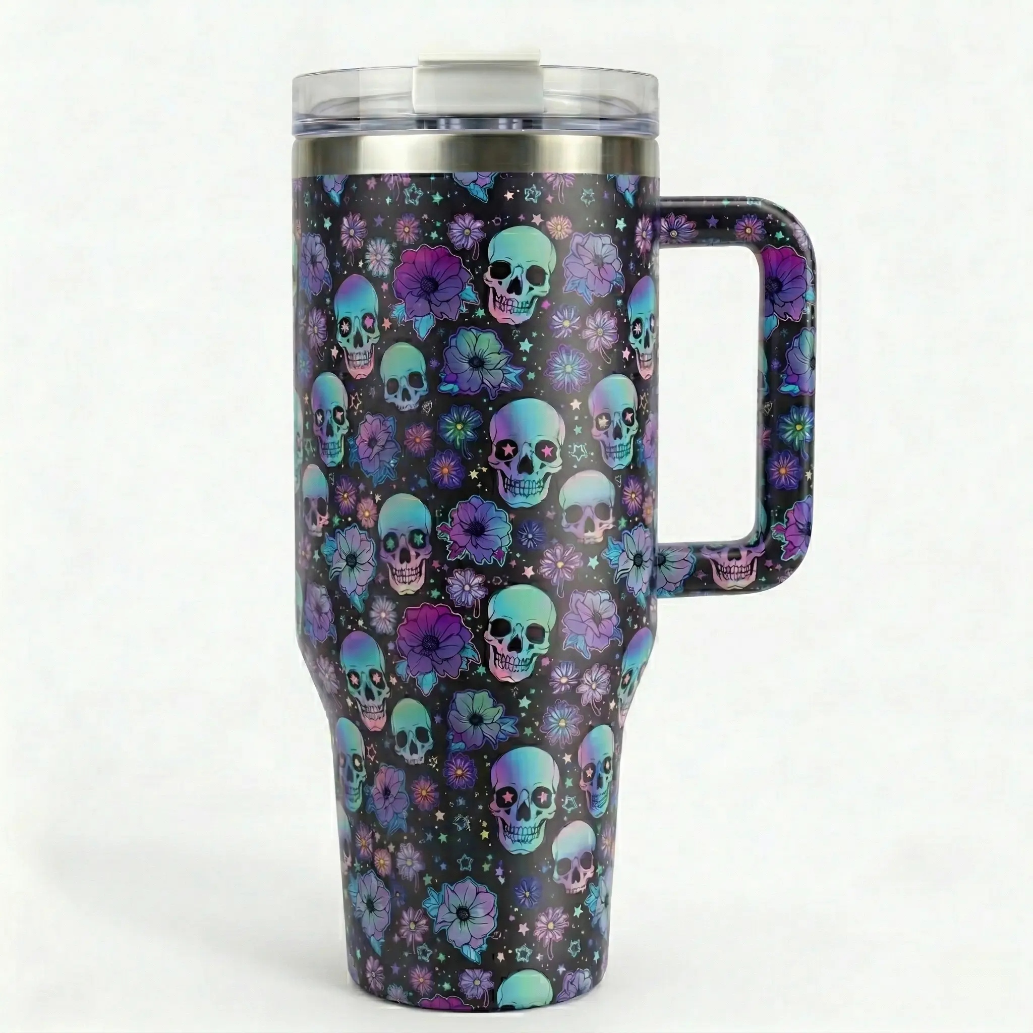 Women's 40oz Stainless Steel Insulated Travel Tumbler - 2D Dark Floral Skull Pattern, Wide Mouth, Lid, Handle, Straw, Portable Vacuum Flask Mug, Ice Cube Compatible, Ideal Graduation Gift, Flasks