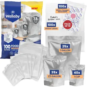 Wallaby Multi-Size Mylar Bag Bundle (100ct) 1 Gallon, 1 Quart, 1/2 Pint & 400cc Oxygen Absorbers, Heat-Sealable, Gusseted for Long-Term Food Storage