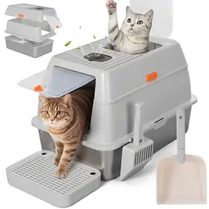 DOMIPET 3IN1 Stainless Steel Cat Litter Box 20L with Lid, XL Cat Litter Pan, Enclosed Metal Litter Box with 2x Litter Scoop & Filter Pedal, Front & Top Dual Entry, Large Metal Litter Box High Sided Design,Anti-Urine Leakage, EasyCleaning