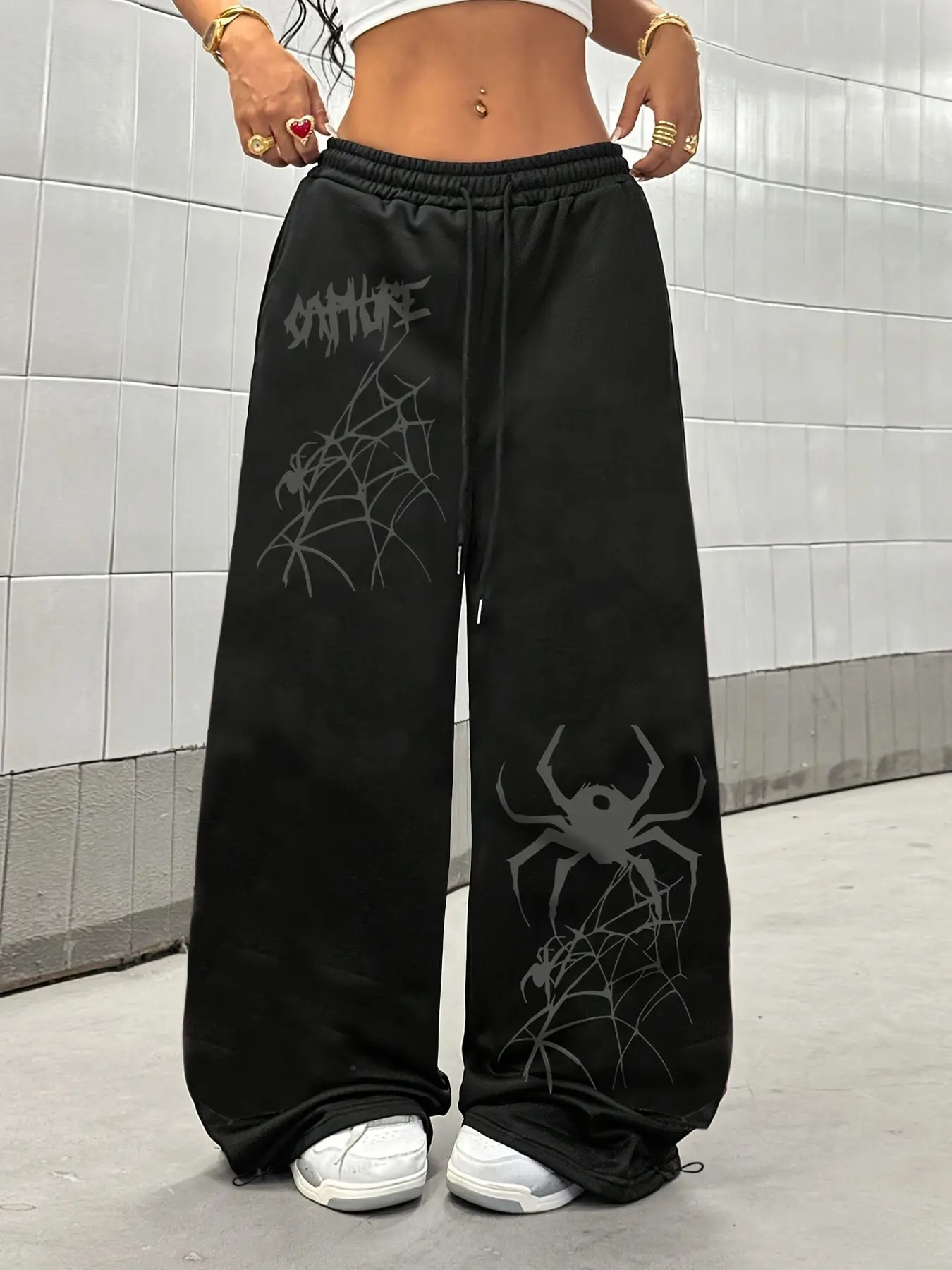 Women's Y2K Spider Web Graphic Wide Leg Sweatpants, Casual Drawstring Waist, Streetwear Style Loose Fit Adjustable Drawstring Pants For Hip Hop Dance & Daily Wear, Casual Bottoms, Casual Comfy Baggy, Casual Comfy Trouser