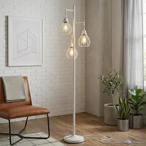 Teardrop LED Floor Lamp - Tree With 3 Elegant Cage Heads & Edison Bulbs - for Living Rooms, Offices & Bedroom Reading - Alpine White