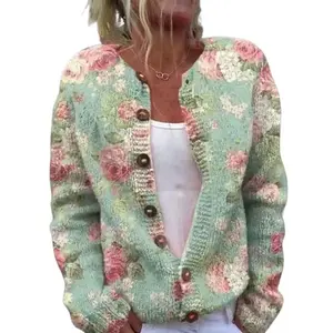Women’s Floral & Button Print Cardigan – Round Neck Long Sleeve Casual Knitwear for Late Autumn & Winter – Multicolor Polyester Fabric