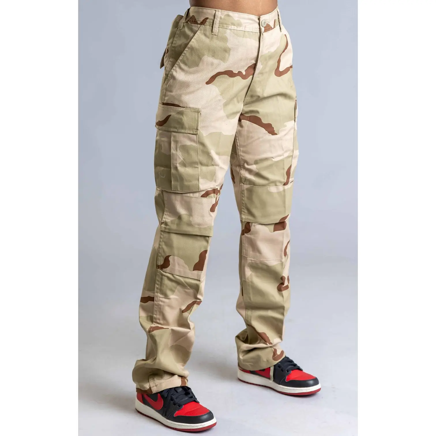 Women's Desert Camouflage Combat Pants, Casual Loose Fit Lady Bottom with Side Stripes and Pockets, Cotton-Polyester Blend