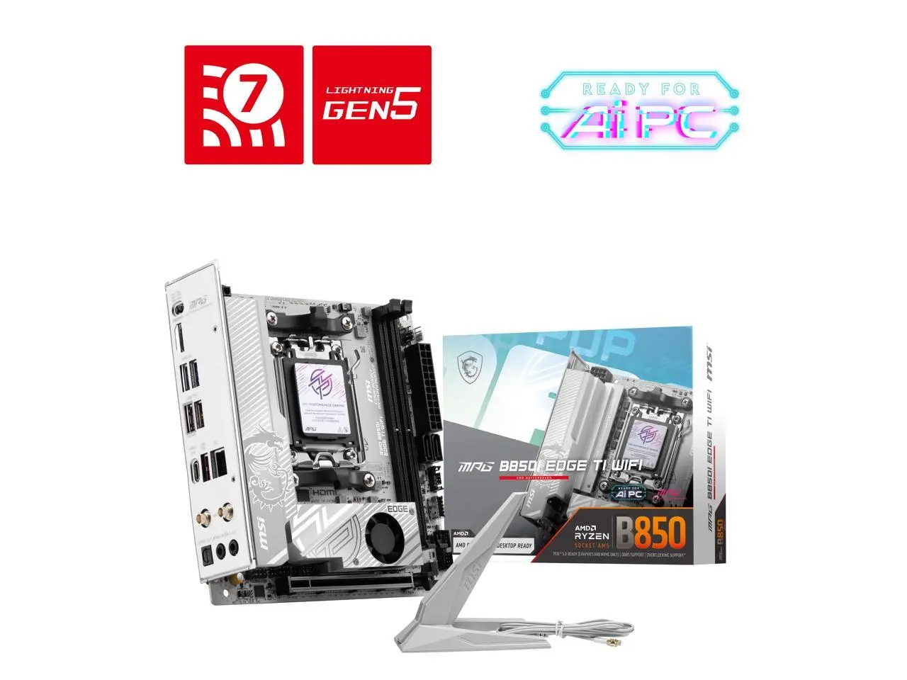 MSI MPG B850I EDGE TI WIFI White Motherboard, ITX - Supports AMD Ryzen 9000 / 8000 / 7000 Processors, AM5 - 90A SPS VRM, DDR5 Memory Boost (8200+MT/s OC), PCIe 5.0 x16, M.2 Gen5, Wi-Fi 7, 5G LAN