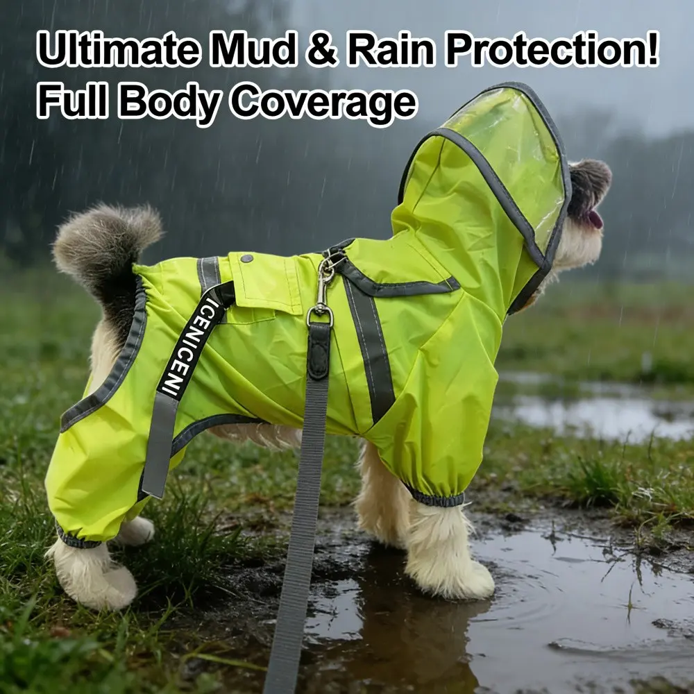 Full Body Dog Raincoat with Clear Visor, 4-Legged Outdoor Waterproof Pet Rain Poncho with Leash Ring, High Visibility Reflective Mudproof Dog Rain Jacket for Small Medium Dogs