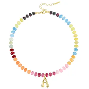 Initial Necklaces for Women, Colorful Beaded Gemstone Choker 14K Gold Bubble Letter Pendant Necklace Natural Stone Summer Beach Handmade Jewelry for Christmas Gifts