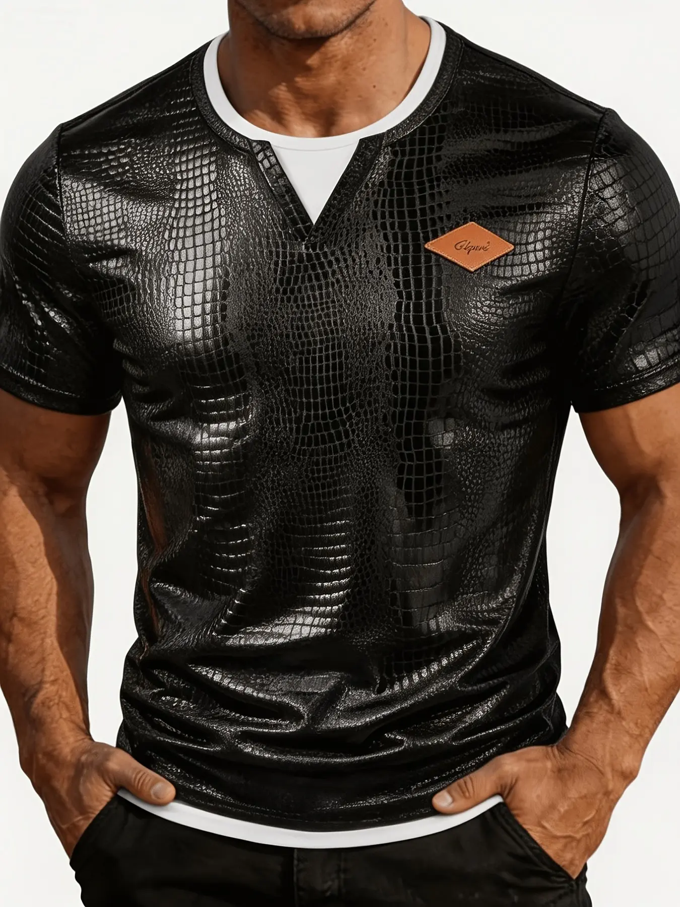 Men's Crocodile Texture V-Neck Short Sleeve T-Shirt, Top, Cool and Chic, Aesthetic, Fake Two-Piece Design, Slim Fit, Casual, Daily/streetwear, Menswear