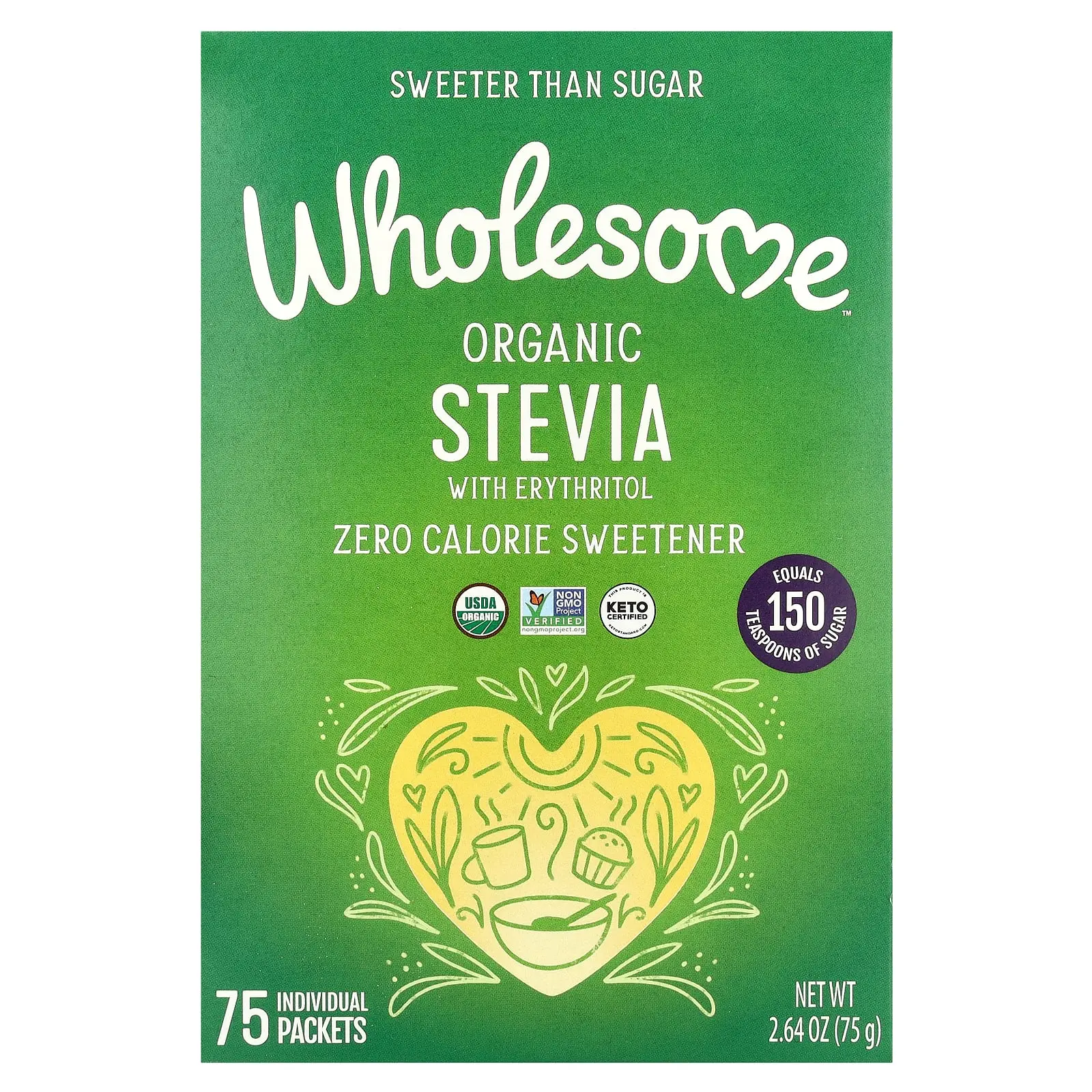Wholesome Sweeteners Organic Stevia With Erythritol, Zero Calorie Sweetener, 75 Individual Packets, 2.64 oz (75 g)