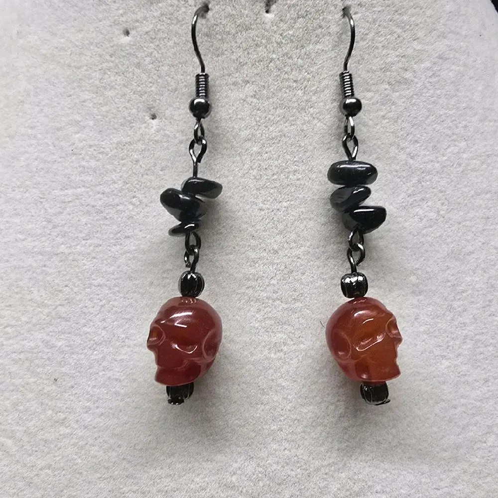 Carnelian Skull Earrings with Obsidian Chip Accents - Unique Design with Red Carnelian Skulls and Black Obsidian Chips