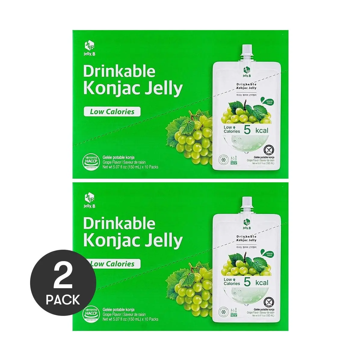Jelly.B Korean Konjac Jelly Drink - Low Calorie, 0 Fat, Sugar-Free, 150ml x 10 Pouches, Grape Flavor, 5Kcal, Satisfying Snack