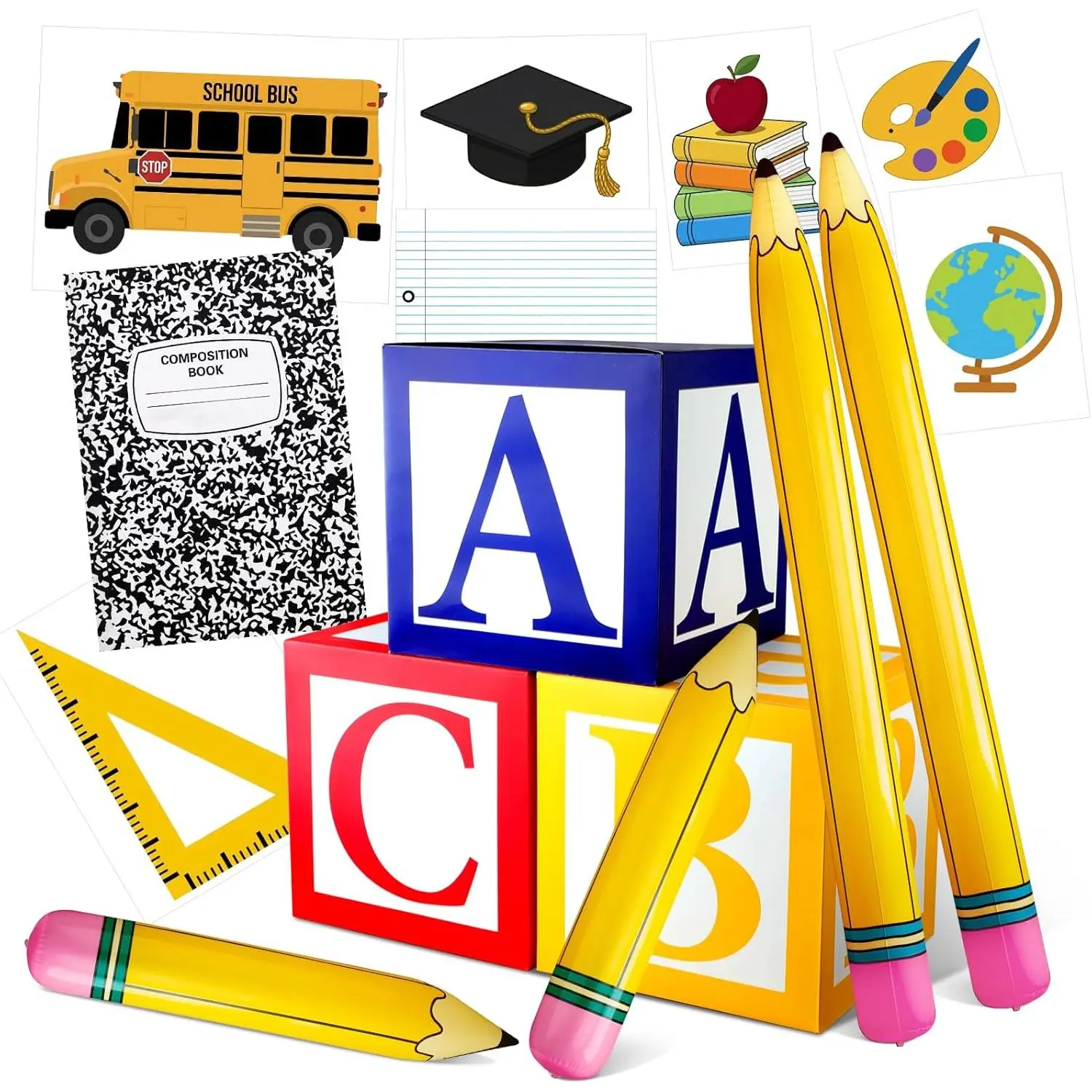 15 Pcs Back to School Decorations 2026, Large Inflatable Pencil and ABC Boxes, First Day of School Party Supplies for Kindergarten Preschool Classroom Decor