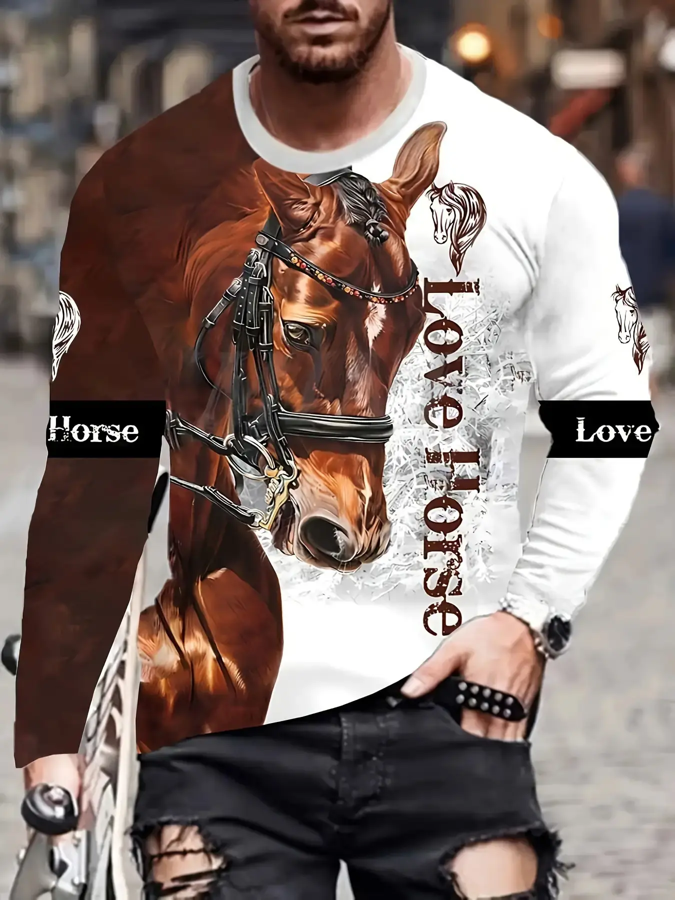 Men's Horse Pattern Letter Print Round Neck Long Sleeve T-Shirt, Comfortable Breathable Casual Top for Outdoor Sports and Vacation, Athletic Fashion Activewear T-Shirt, Athletic Active Tops