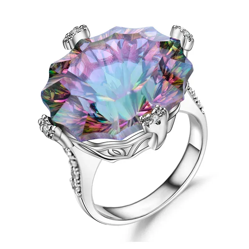 Women's 925 Sterling Silver Engagement Ring - Vintage Cocktail Jewelry, Prong-Set Large Irregular Rainbow Mystic Quartz Natural Gemstone (18*23mm), Classic Band, Female Accessory, Sd002rmqr, With a Gift Box