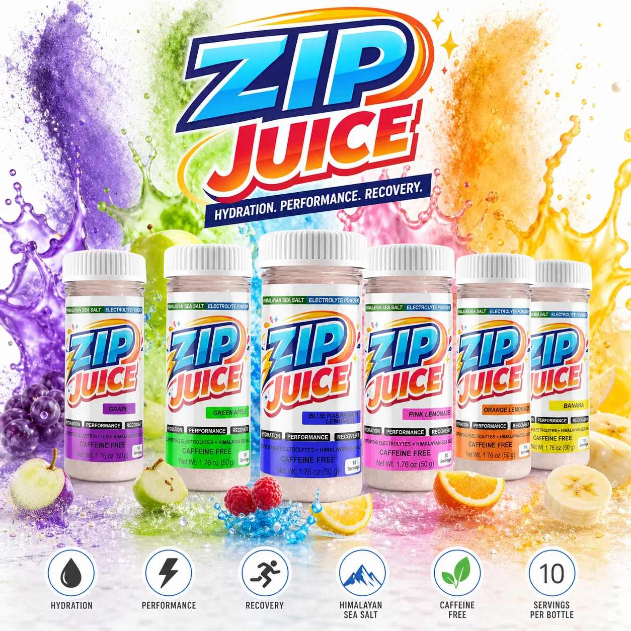 Zip Juice Caffeine Free Himalayan Sea Salt Electrolyte Powered Powder Drink Mix