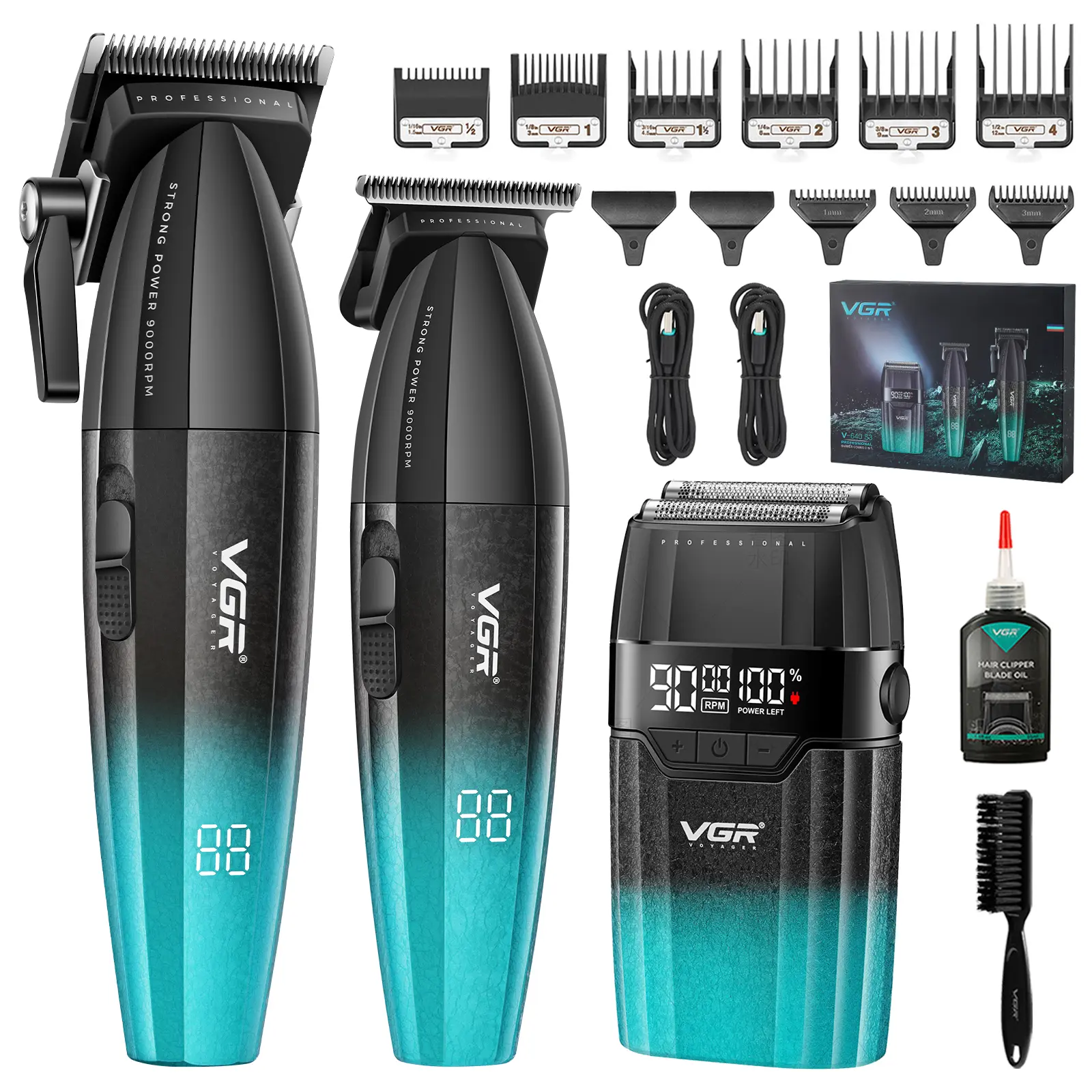 VGR 640S3 Professional 3-in-1 Hair Cutting Kit, 9000RPM Cordless Barber Equipment for Men - Adjustable Hair Clippers, Trimmer & Foil Shavers with 88 Precision Guides, Batteries, Charging Cable, Cleansing Feature (Green), Home Haircut