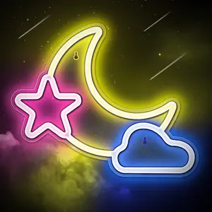 Moon Star Cloud Neon Sign - Moon Star Cloud LED Light for Kids, Teens Room Wall Decor - Premium USB Powered Neon Night Light with On/Off Switch Bedroom, Game Room- 16.5 x 12.8-Inch-Pink, Yellow, Blue