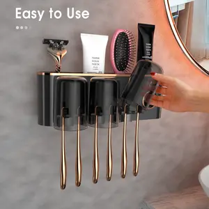 iHave Wall Mounted Toothbrush Holder with Toothpaste Dispenser, 4 Cups & Large Storage Shelf, Bathroom Accessories Organizer for Family, Automatic Toothpaste Squeezer, Space-Saving Bathroom Decor for Modern Homes