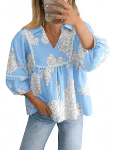 Imily Bela Womens Floral Peplum Babydoll Tops 3/4 Puff Sleeve Pleated Blouse Cute Casual V Neck Loose Fit Flowy Boho Shirts
