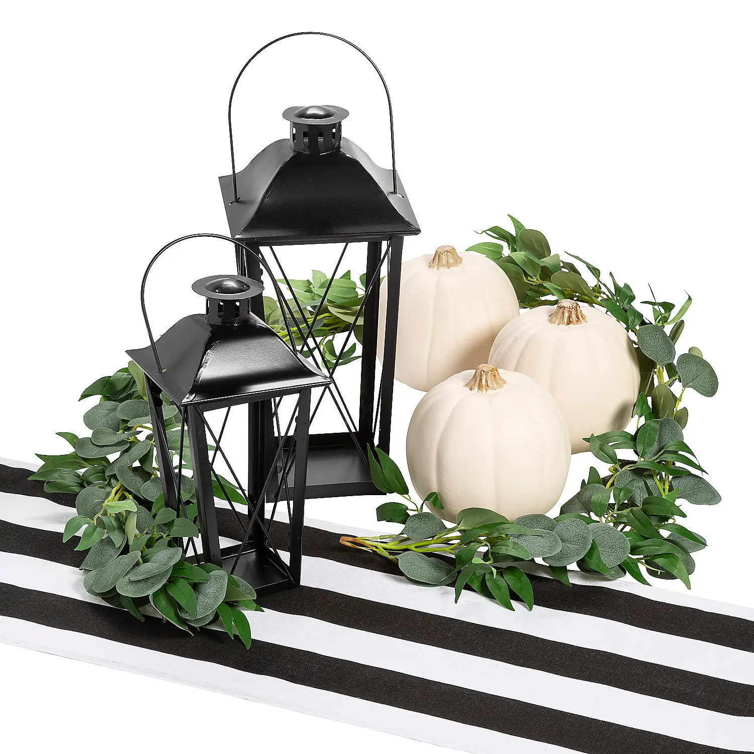 Black-White Halloween & Fall Wedding Centerpiece Decor, 3-Table Festive Decoration with Glass, Metal & Faux Mixed Greenery Garlands