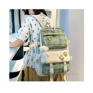 SHUJUAN Cute Plaid Cartoon Canvas Five-Piece School Bag Large Capacity Casual Simple Backpack Women's Travel Bag Cosmetic Bag for Girls And Women Green Backpacks School Machine Washable Stylish Daypack diaper bag tactical accessoriesDAN
