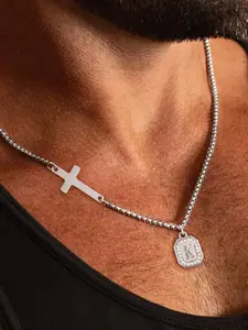 1Pcs Pave Zirconia Block Initial Cross Men Necklace New Fashion Silvery Stainless Steel Chain Necklaces For Men