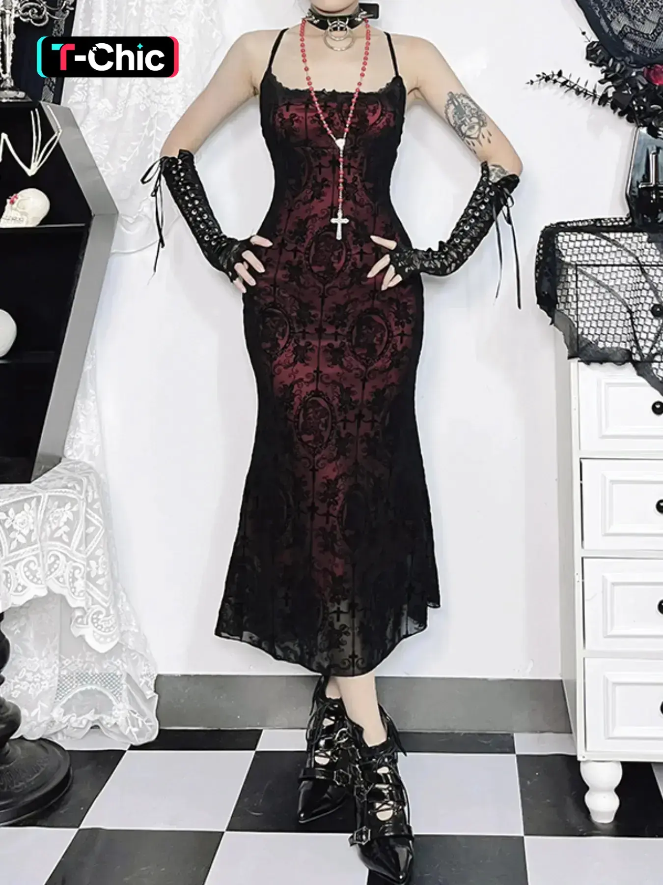 Women's Cross & Skull Print Contrast Lace Bow Decor Mermaid Dress, Elegant Adjustable Strap Cami Dress for Party Holiday Wedding Guest, Ladies Fall Clothes, Bodycon Fit Dress