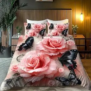 2D Print Rose & Butterfly Pattern Bedding Set, 100% Polyester Soft Breathable Fabric, All Seasons, Bedroom Decor, Breathable Duvet Set, Floral Bedding Sets, Duvet Cover Set