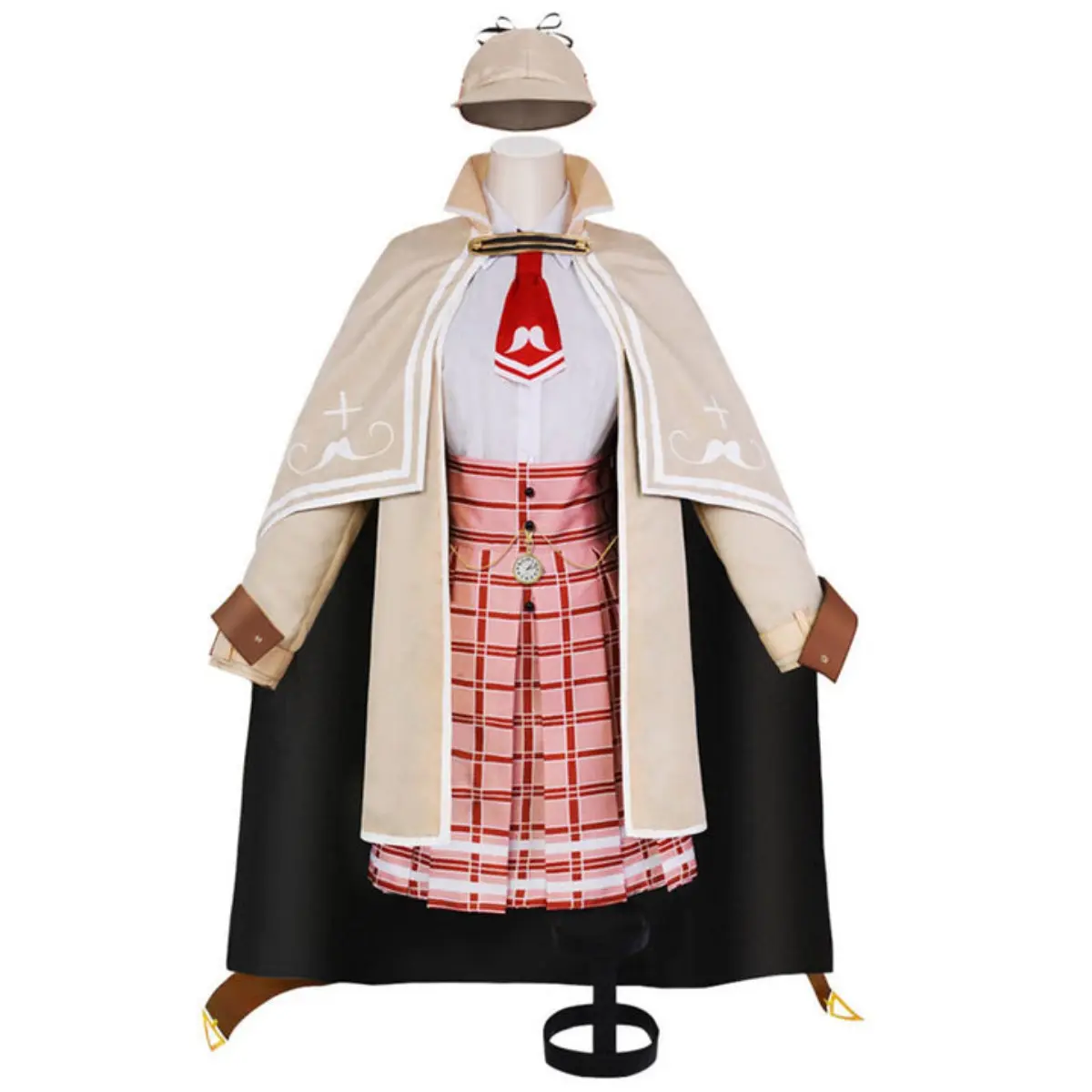 Women‘s Amelia Watson Cosplay Costume Detective Cloak Shirt Pink Plaid Skirt Set for Halloween
